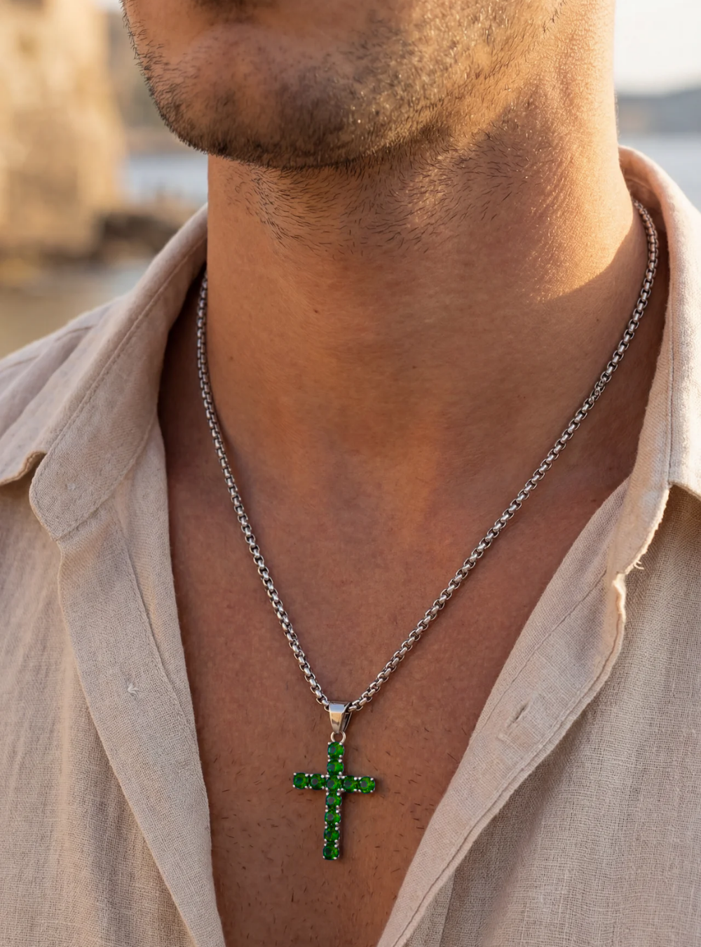 Zirconia Cross Necklace | Emerald green