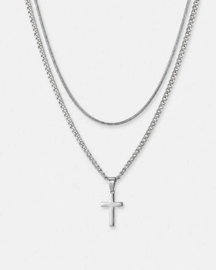 Square & Cross Necklace Duo | Silver
