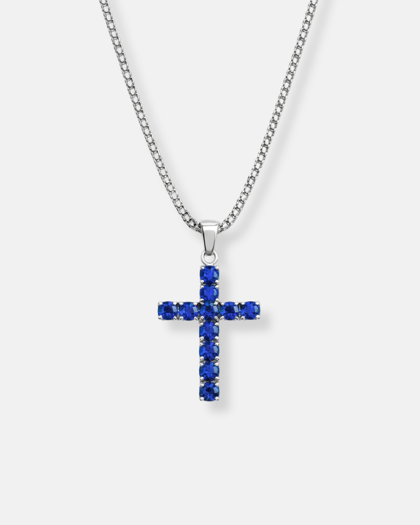 Zirconia Cross Necklace | Sapphire Blue