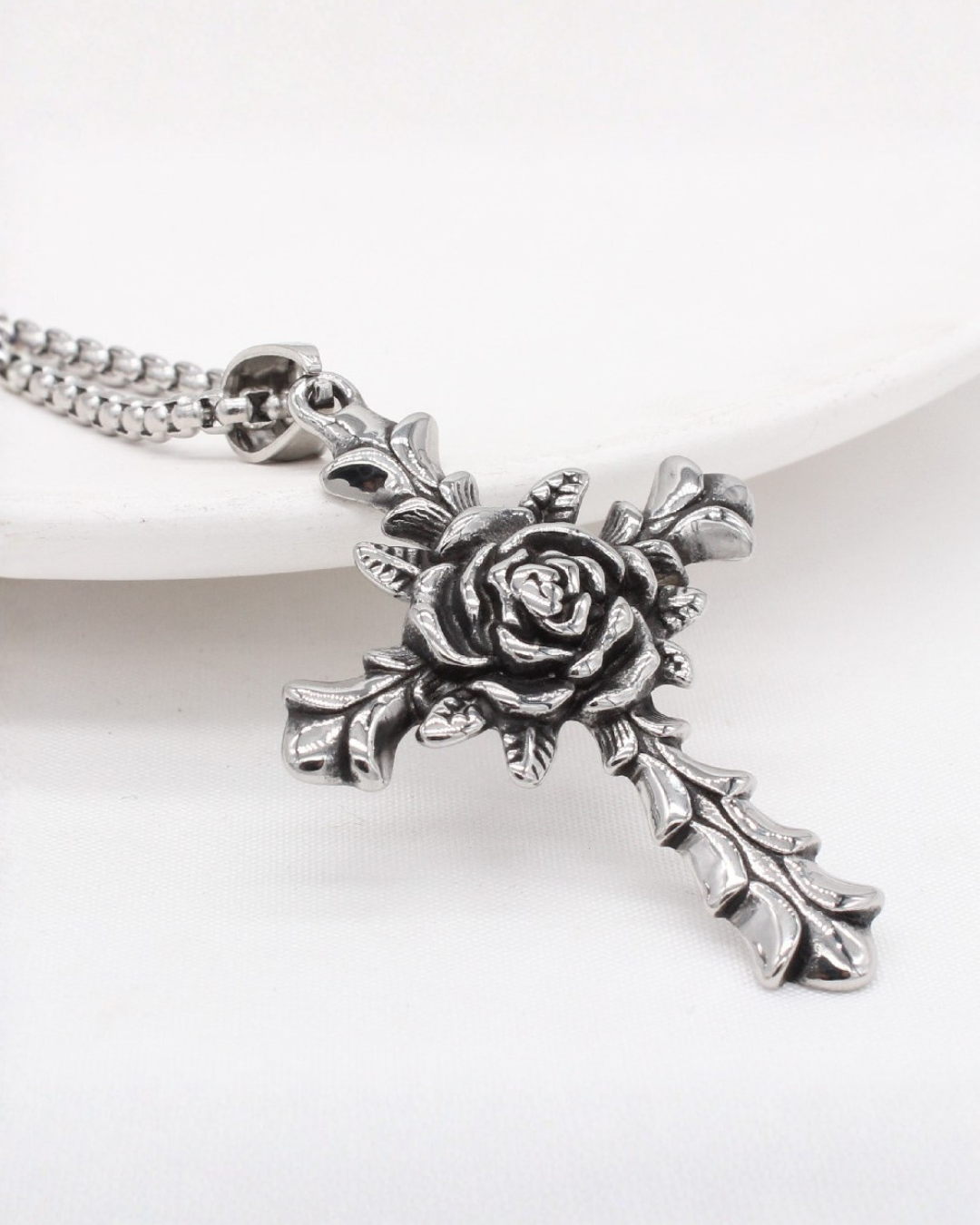 Rose Cross Necklace | Titanium